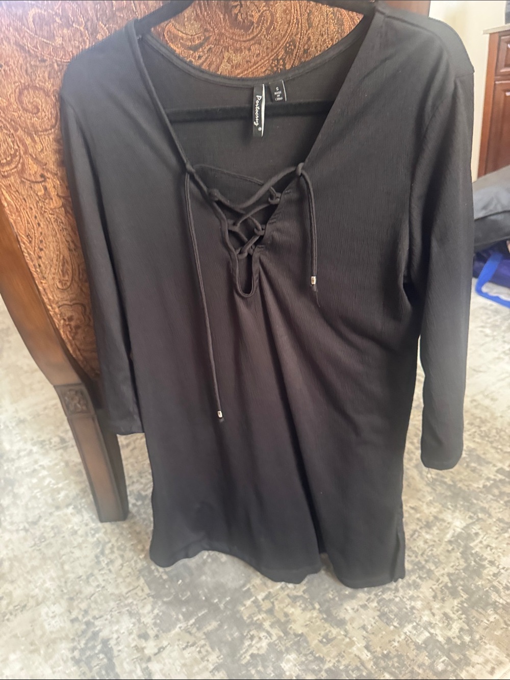 Beach Cover up Black Lace-Up Ribbed V-Neck Tunic